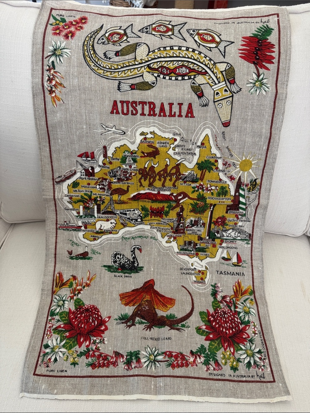 Vintage Heil Australia Map Linen Tea Towel Multicolor
